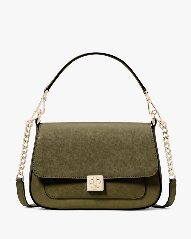 Kate Spade,Phoebe Small Flap Crossbody,Lining Leather,Crossbody,Chain Detail,Lined,Gold Metal,Day Party,Olive