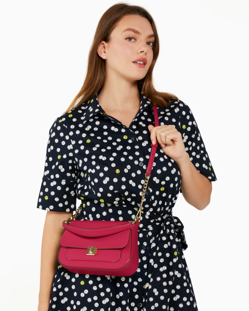 Kate Spade,Phoebe Small Flap Crossbody,Lining Leather,Crossbody,Chain Detail,Lined,Gold Metal,Day Party,Fuchsia