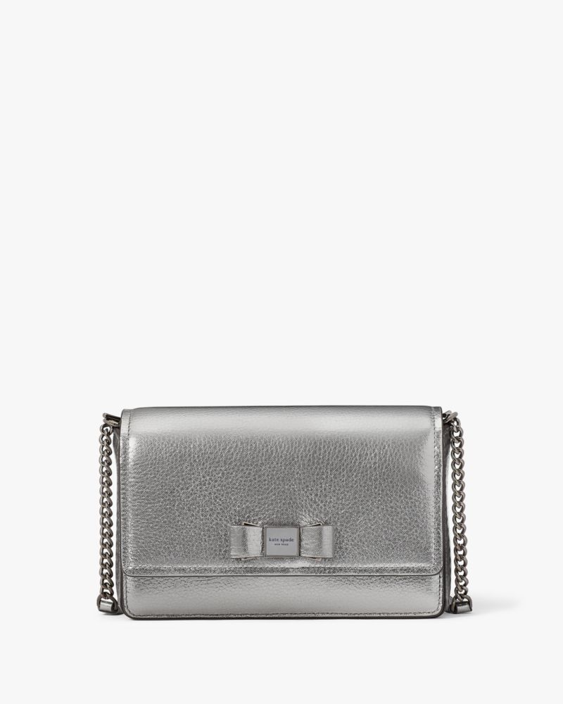 Kate Spade,Morgan Bow Embellished Metallic Flap Chain Wallet,Silver