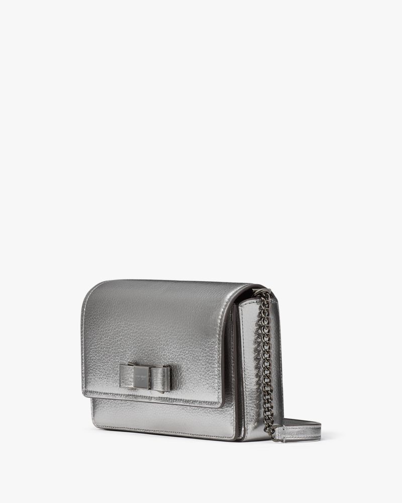 Kate Spade,Morgan Bow Embellished Metallic Flap Chain Wallet,Metallic,Leather,Crossbody,Chain Detail,Logo,Metal,Bow,Day Party,