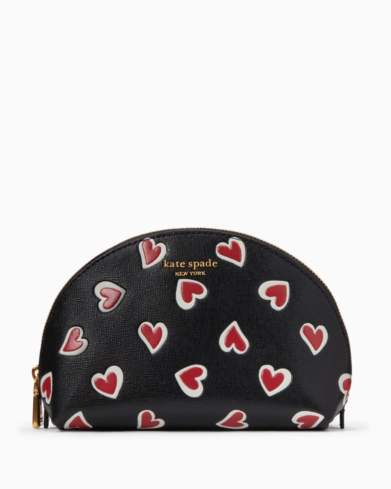 Kate Spade,Morgan Stencil Hearts Small Dome Cosmetic Case,Leather,Makeup Bag,Metal,Logo,Scratch Resistant,Valentines,Casual,