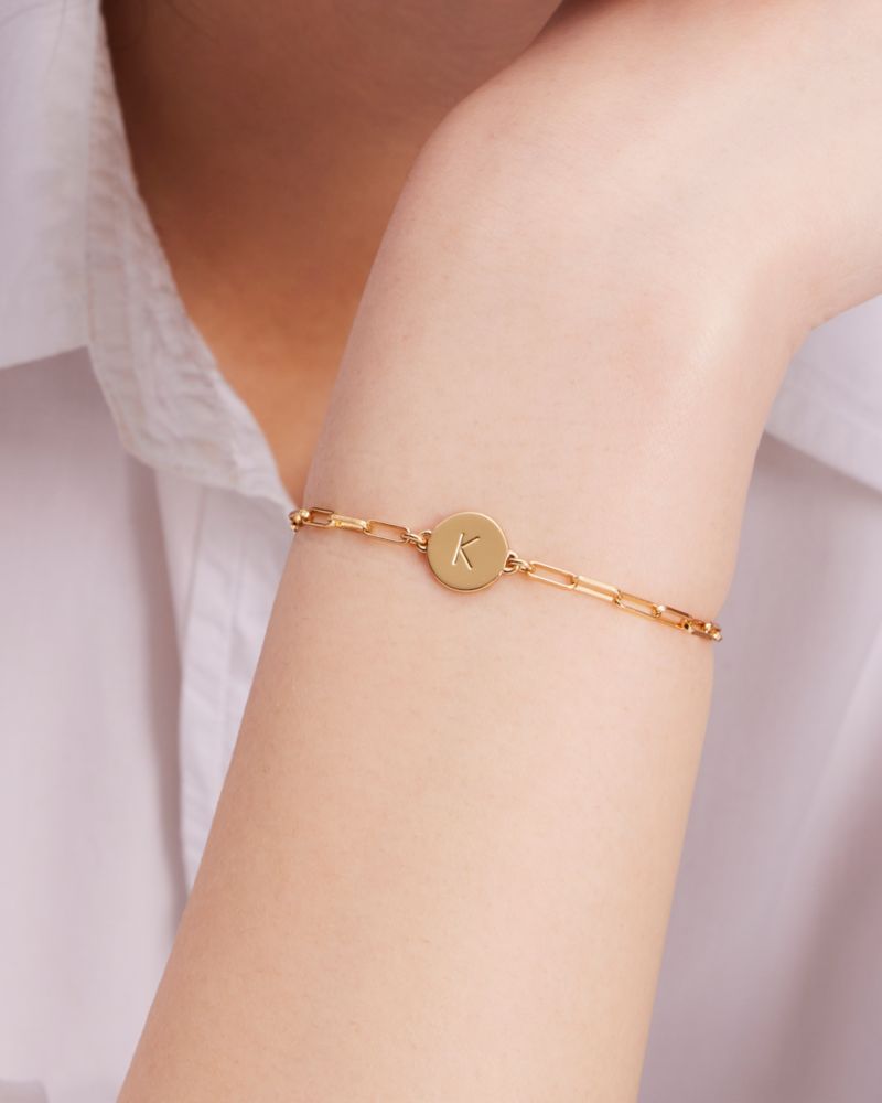 Kate Spade,T Initial Chain Bracelet,Cubic Zirconia,Circle,Disc,Gold Plated,Yellow Gold Plated,Casual,