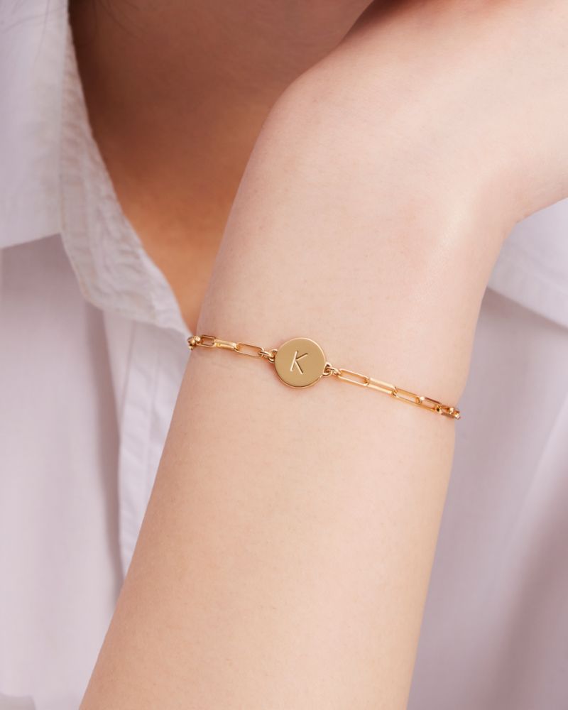 Kate Spade,R Initial Chain Bracelet,Cubic Zirconia,Circle,Disc,Gold Plated,Yellow Gold Plated,Casual,