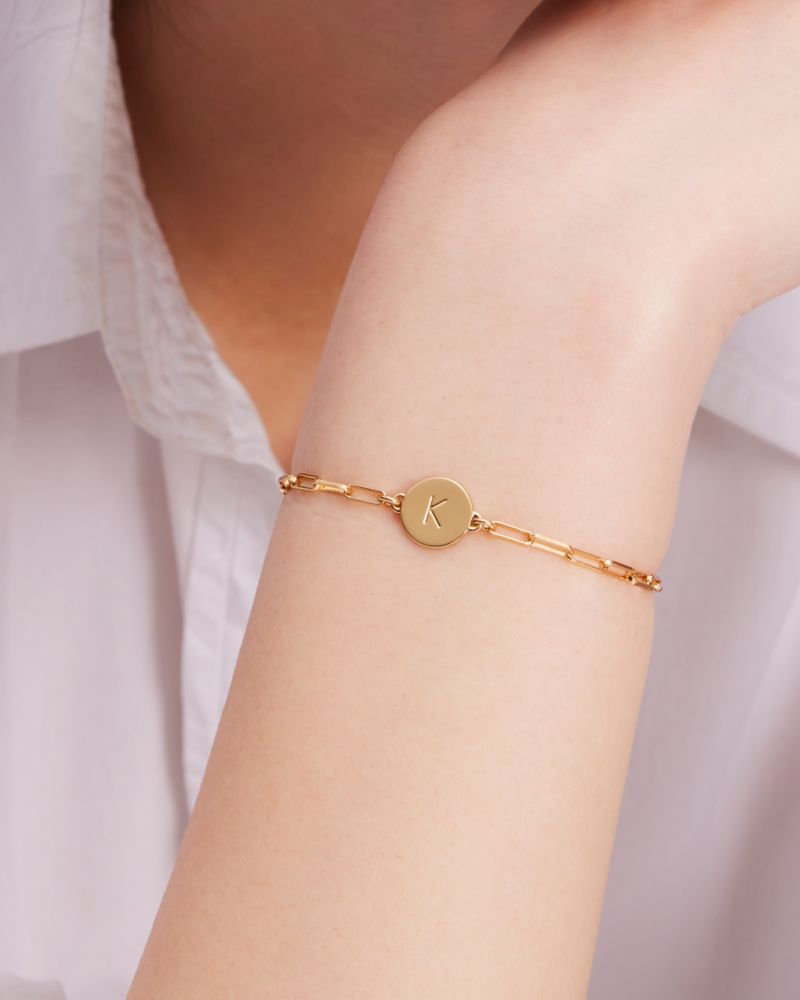 Kate Spade,M Initial Chain Bracelet,Cubic Zirconia,Disc,Circle,Gold Plated,Yellow Gold Plated,Casual,