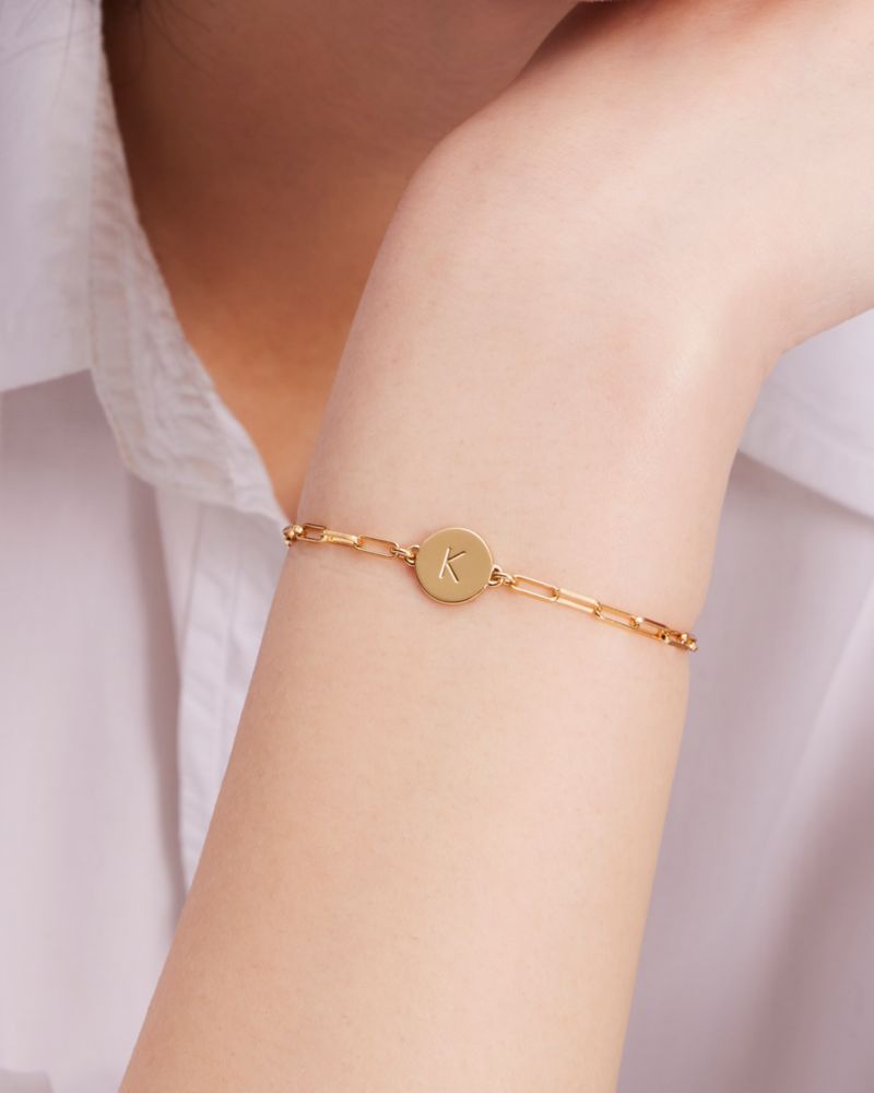 Kate Spade,L Initial Chain Bracelet,Cubic Zirconia,Circle,Disc,Gold Plated,Yellow Gold Plated,Casual,