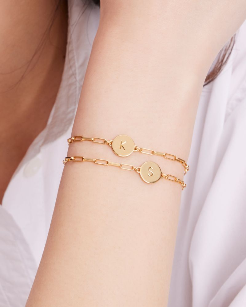 Kate Spade,Initial Chain Bracelet,Metal Material,Cubic Zirconia,Disc,Initials Embellishment,Gold Plated,Yellow Gold Plated...,
