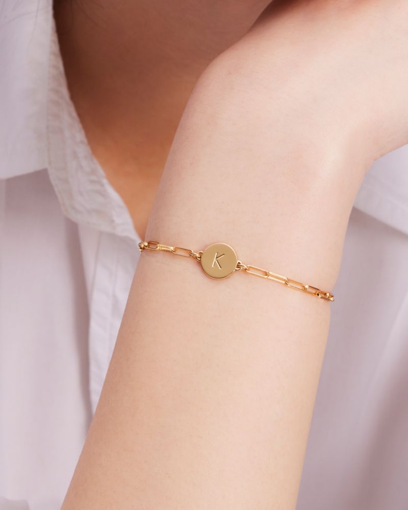 Kate Spade,E Initial Chain Bracelet,Cubic Zirconia,Circle,Disc,Gold Plated,Yellow Gold Plated,Casual,