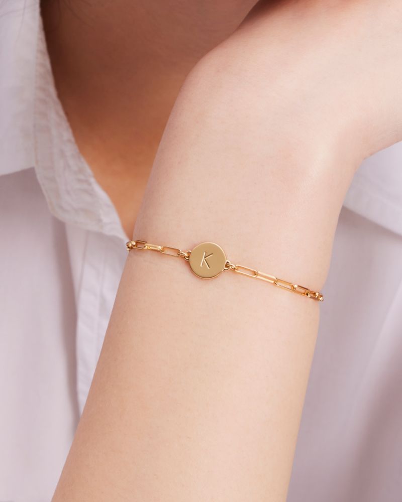 Kate Spade,A Initial Chain Bracelet,Cubic Zirconia,Circle,Disc,Gold Plated,Yellow Gold Plated,Casual,