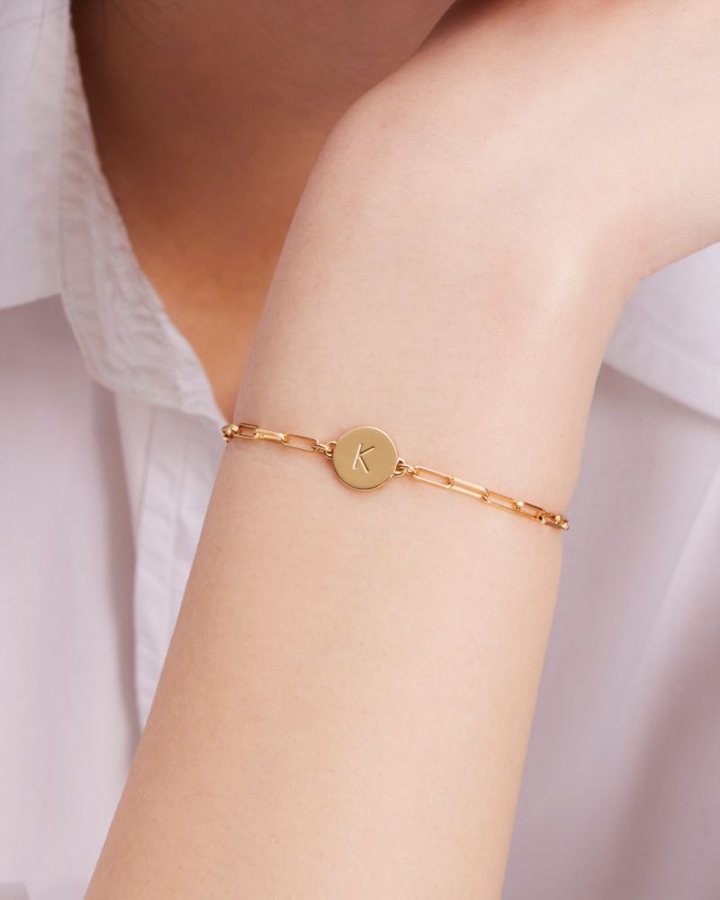 Kate Spade,A Initial Chain Bracelet,Cubic Zirconia,Circle,Disc,Gold Plated,Yellow Gold Plated,Casual,