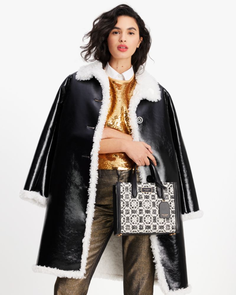 Kate Spade,Manhattan Spade Flower Monogram Tweed Small Tote,Tweed,Leather,Crossbody,Metal,Piping,Logo,Compact,Casual,