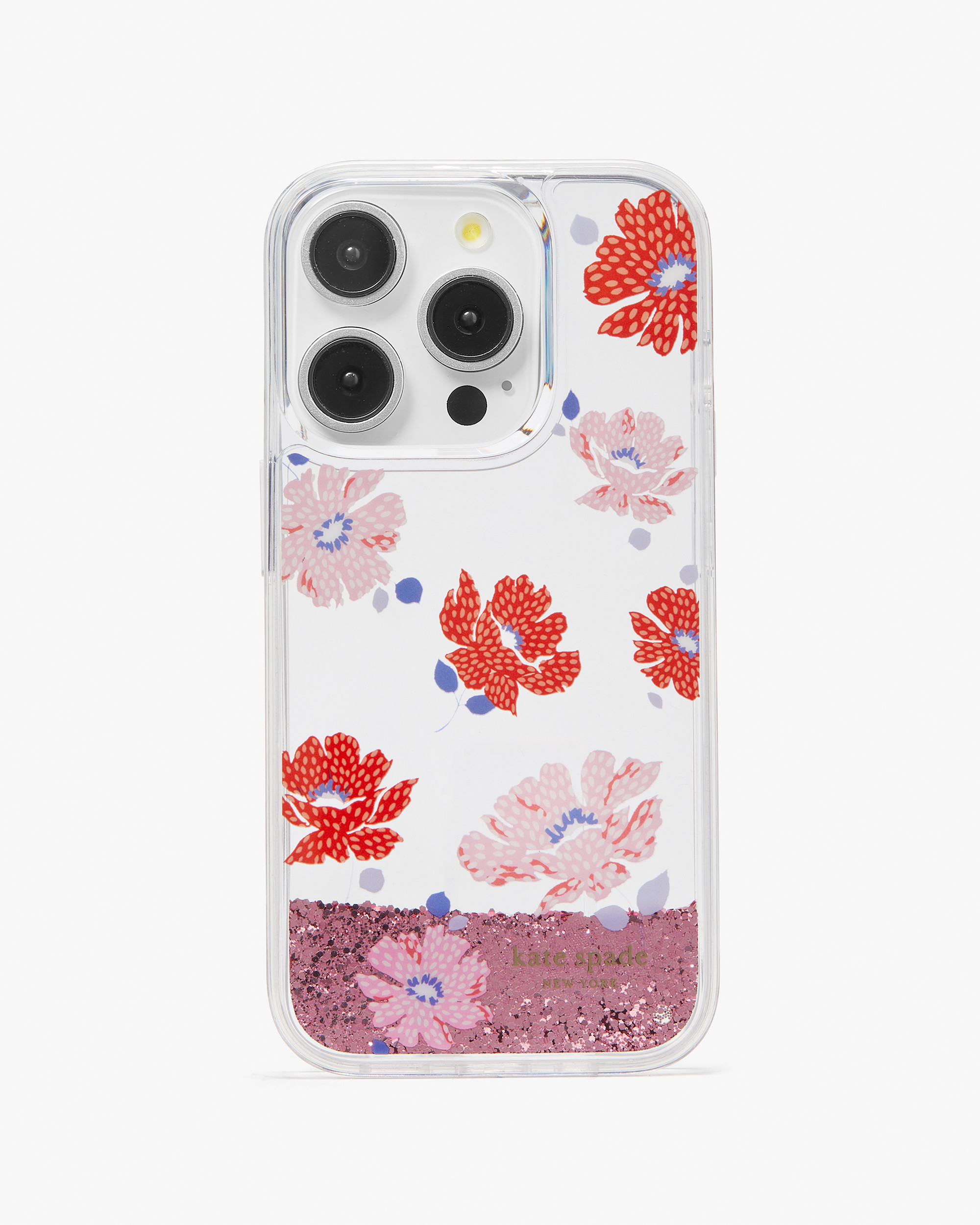Kate Spade Dotty Floral Hülle für iPhone 15 Pro mit Glitzer in Flüssigkeit