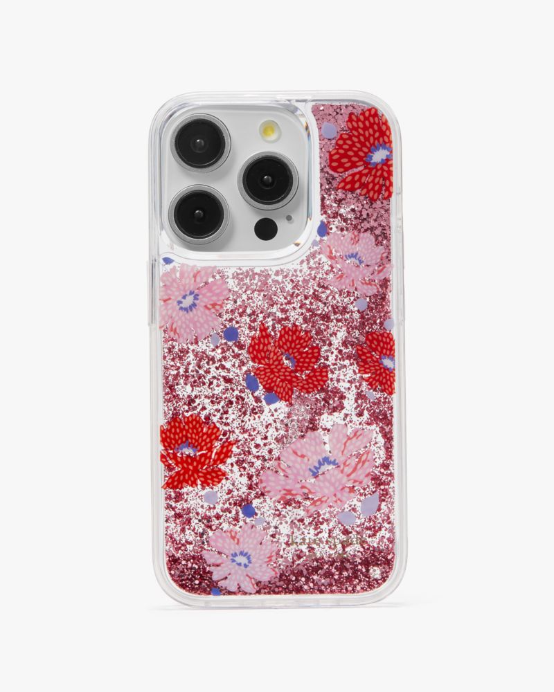 Kate Spade,Dotty Floral Liquid Glitter iPhone 15 Pro Case,Case,Glitter,Logo,Word Embellishment,Casual,Clear