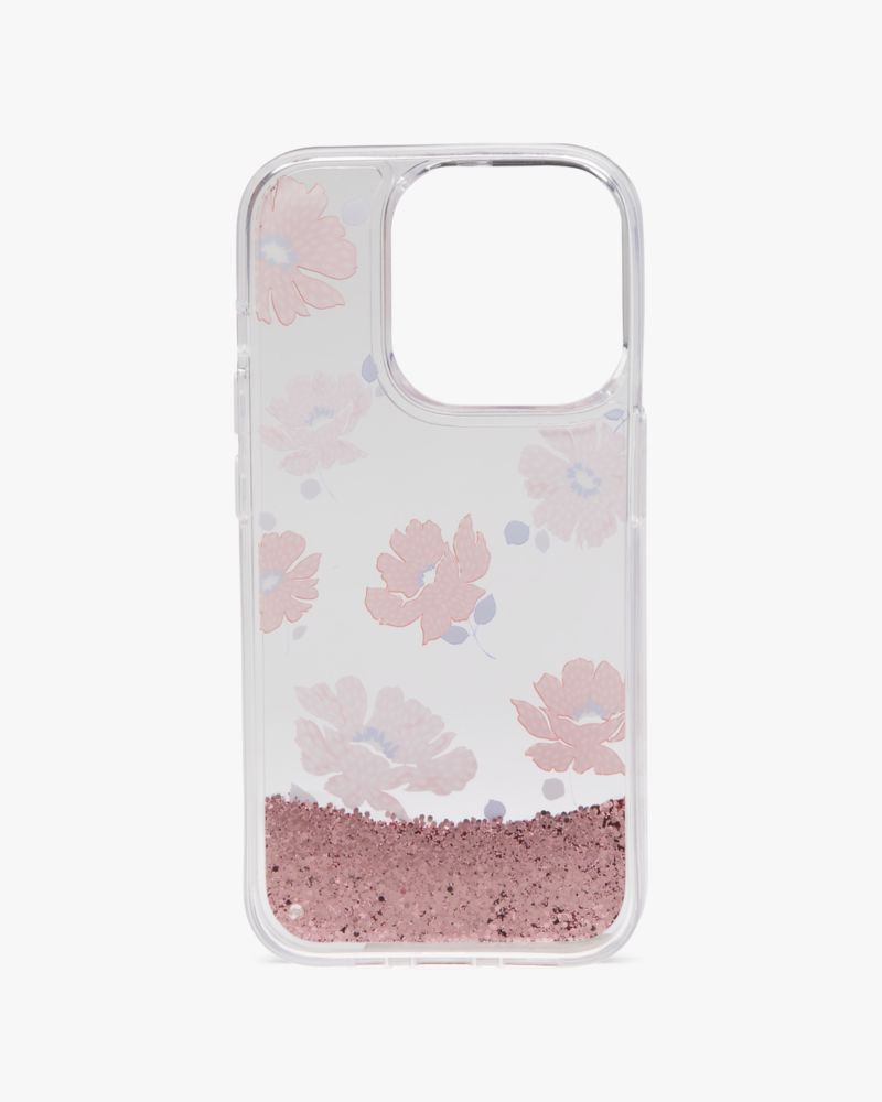 Kate Spade,Dotty Floral Liquid Glitter iPhone 15 Pro Case,Case,Glitter,Logo,Word Embellishment,Casual,Clear
