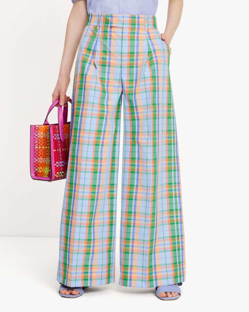 Kate Spade,Sunshine Madras Pants,Polyester,Straight,Wide Leg,Pleats,Day Party,Multi Color