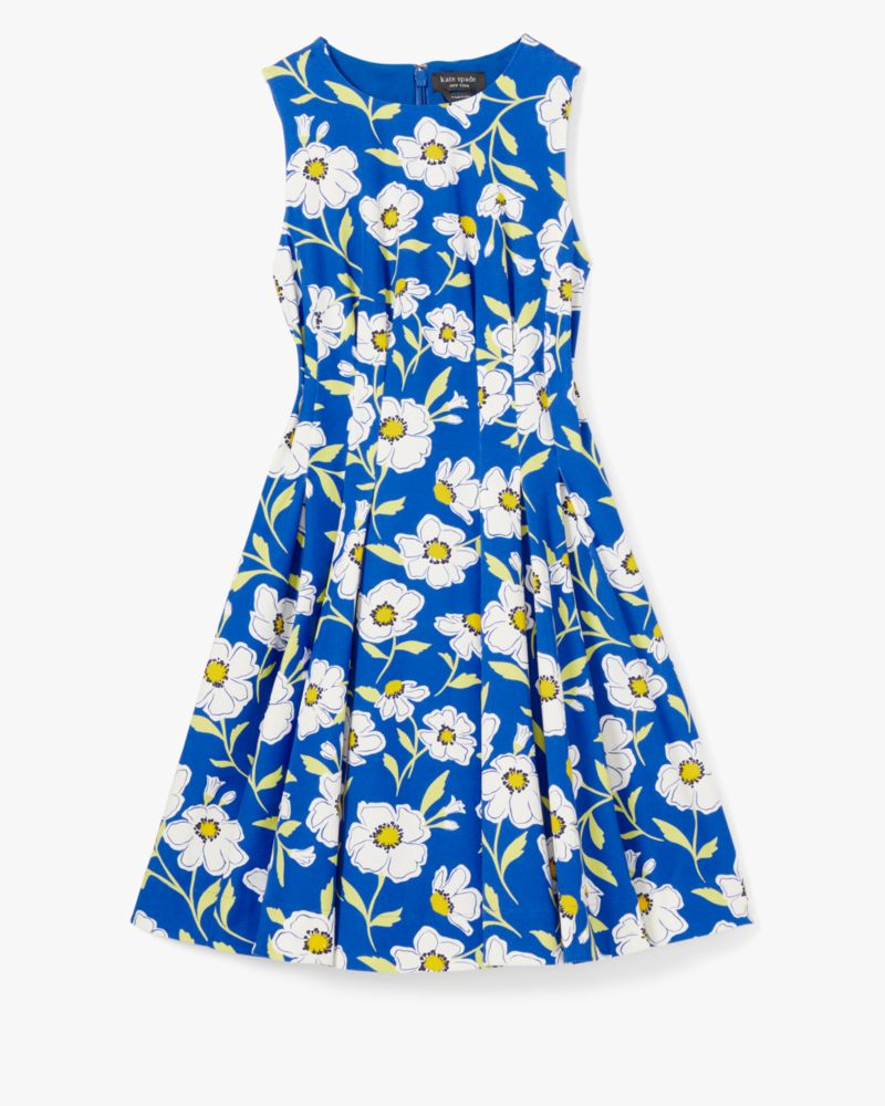 Kate Spade,Sunshine Floral Amelia Dress,Polyester,Fit & Flare,Pleats,Day Party,Blue