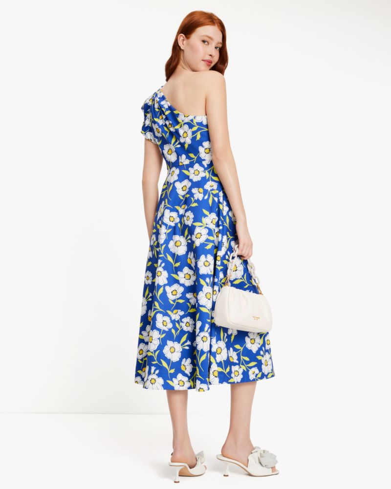 Kate Spade,Sunshine Floral One-shoulder Dress,Polyester,A-Line,Pleats,Ruffles,Lined,Day Party,Blue