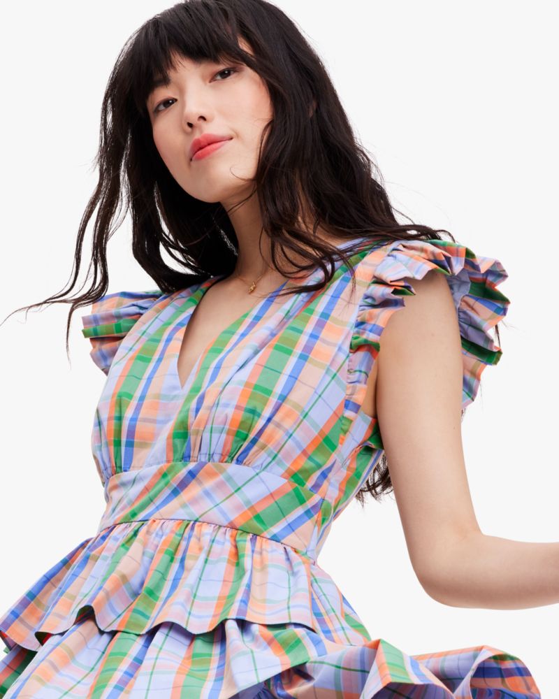 Kate Spade,Sunshine Madras Tiered Dress,Cotton,A-Line,Tiered,Ruched,Day Party,