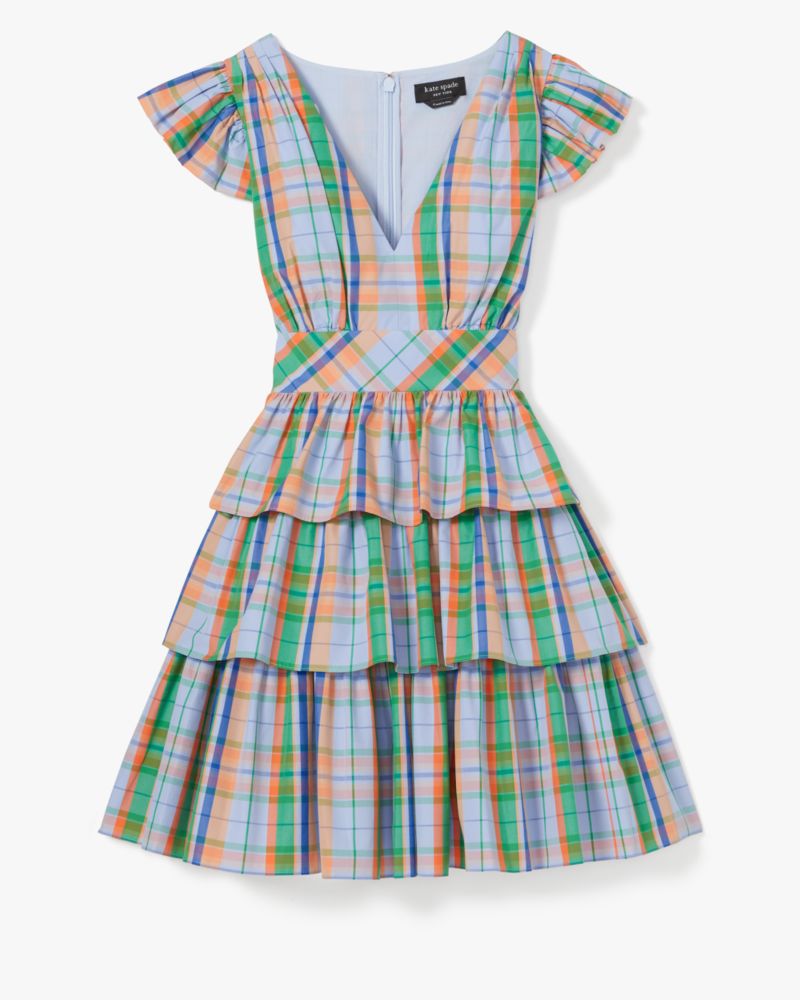 Kate Spade,Sunshine Madras Tiered Dress,Cotton,Tiered,A-Line,Pleats,Ruched,Day Party,Multi Color