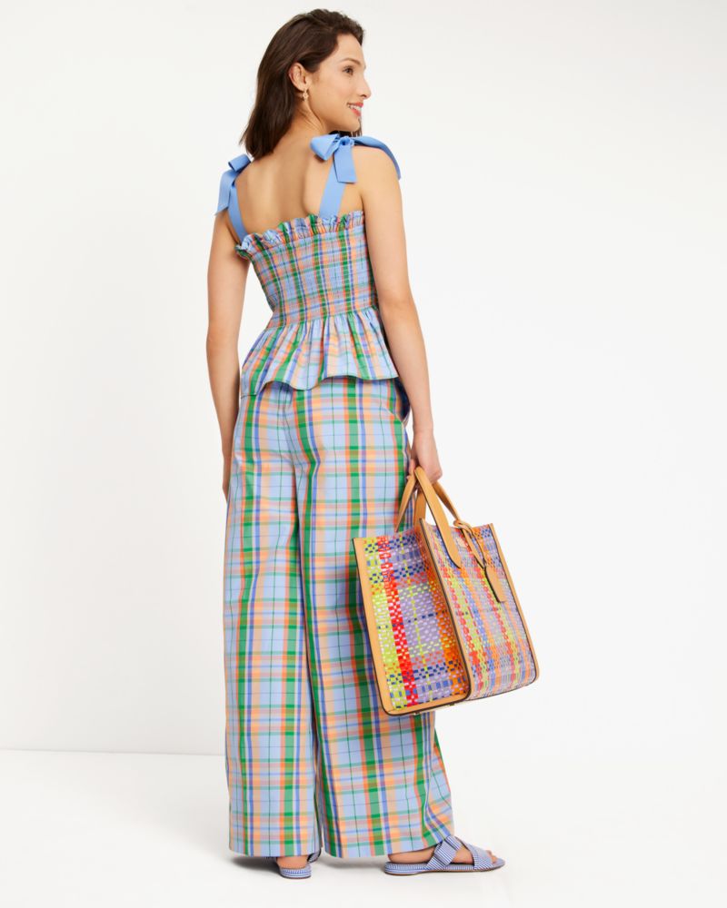 Kate Spade,Sunshine Madras Smocked Top,Taffeta,Tank,Blouse,Shirring,Ruffles,Tie Belt,Day Party,Multi Color