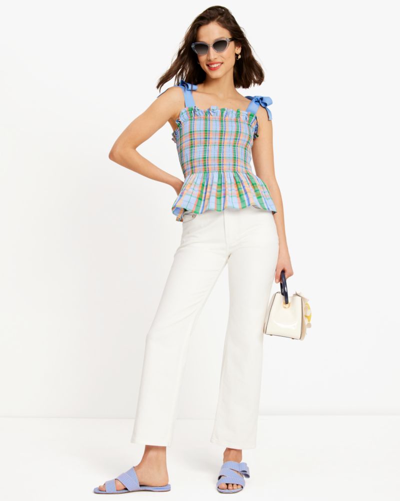 Kate Spade,Sunshine Madras Smocked Top,Taffeta,Tank,Blouse,Shirring,Ruffles,Tie Belt,Day Party,Multi Color