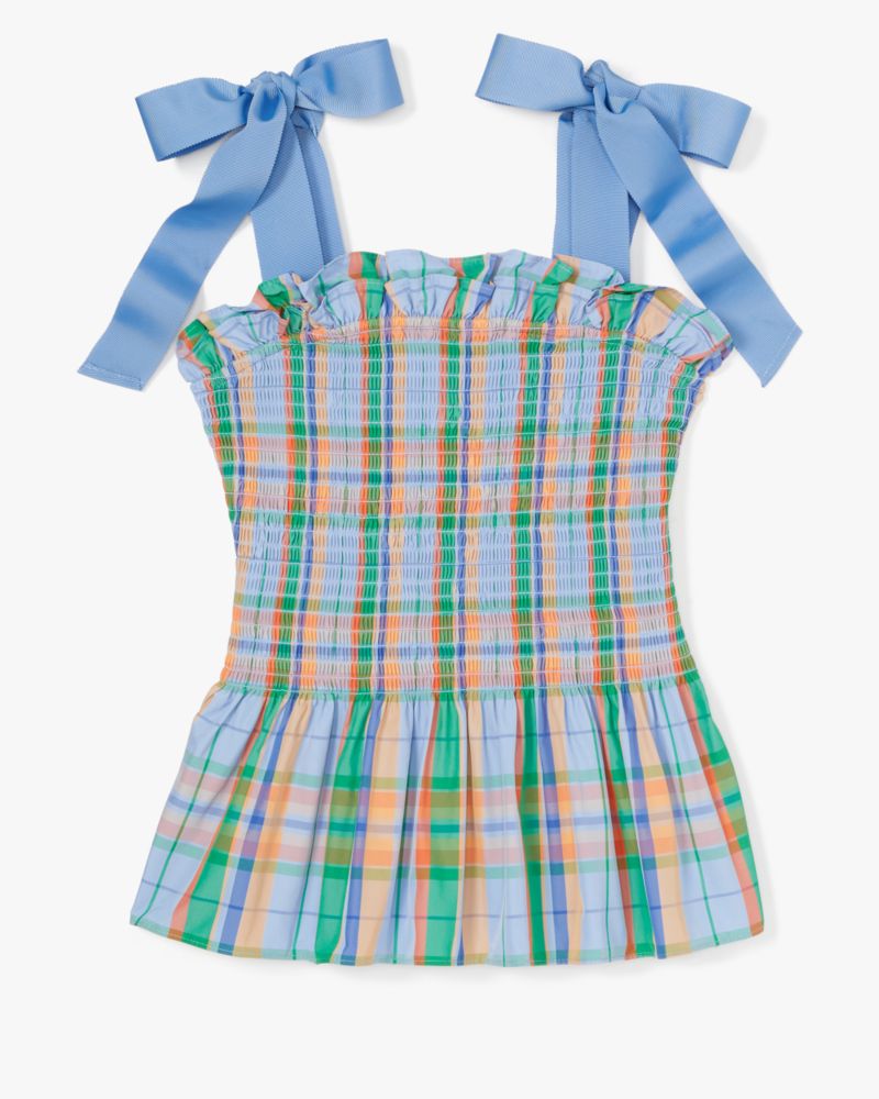 Kate Spade,Sunshine Madras Smocked Top,Taffeta,Tank,Ruffles,Tie Belt,Shirring,Day Party,Multi Color