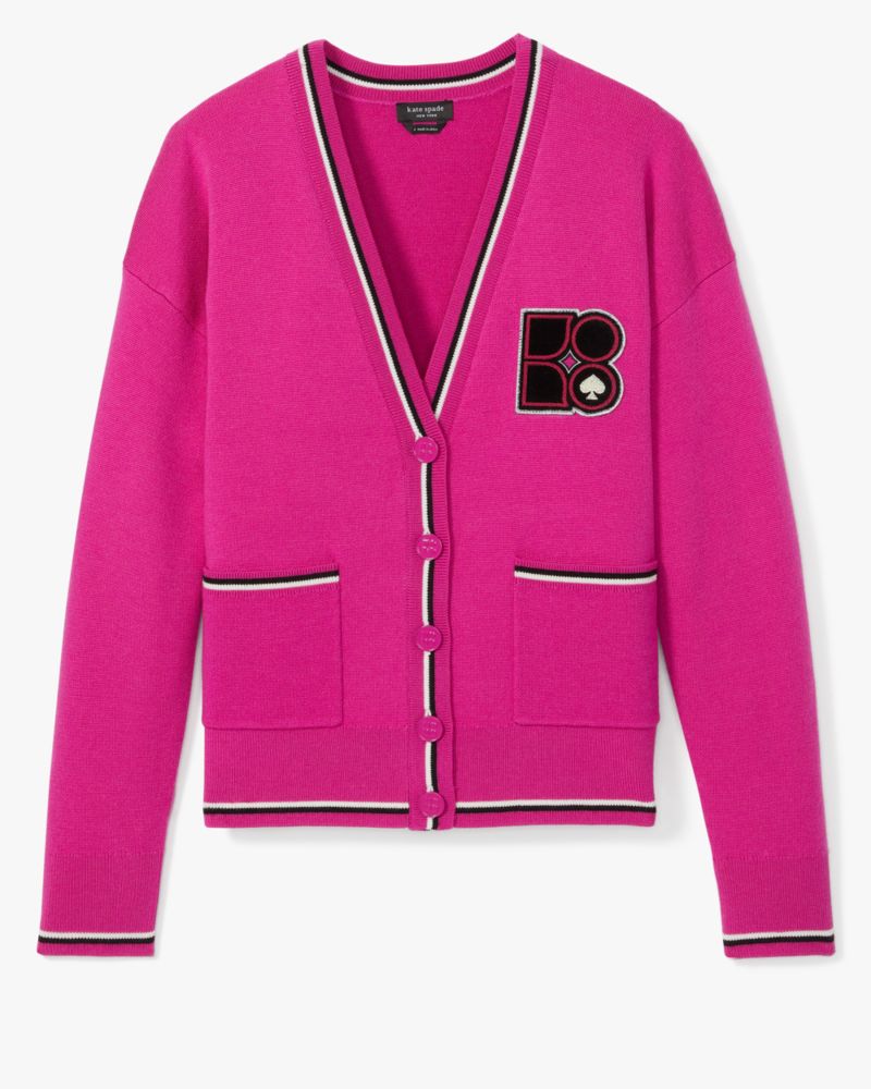 Kate Spade,Noel Cardigan,Wool,Spandex,Polyamide,Knit,Cardigan,Logo,Piping,Shearling,Applique,Casual,Fuchsia