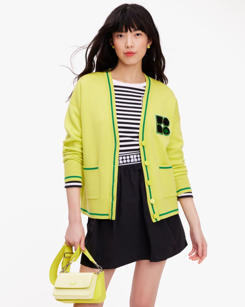 Kate Spade,Noel Cardigan,Wool,Spandex,Polyamide,Knit,Cardigan,Logo,Piping,Shearling,Applique,Casual,Green