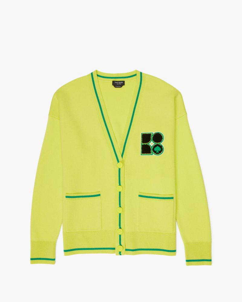 Kate Spade,Noel Cardigan,Wool,Spandex,Polyamide,Knit,Cardigan,Logo,Piping,Shearling,Applique,Casual,Green