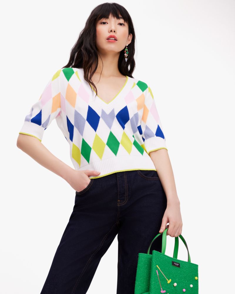 Kate Spade,Spring Argyle Sweater,Viscose,Spandex,Polyamide,Knit,Sweater,Piping,Casual,