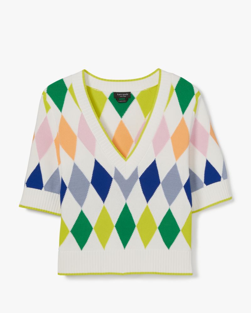Kate Spade,Spring Argyle Sweater,Viscose,Spandex,Polyamide,Knit,Sweater,Piping,Casual,