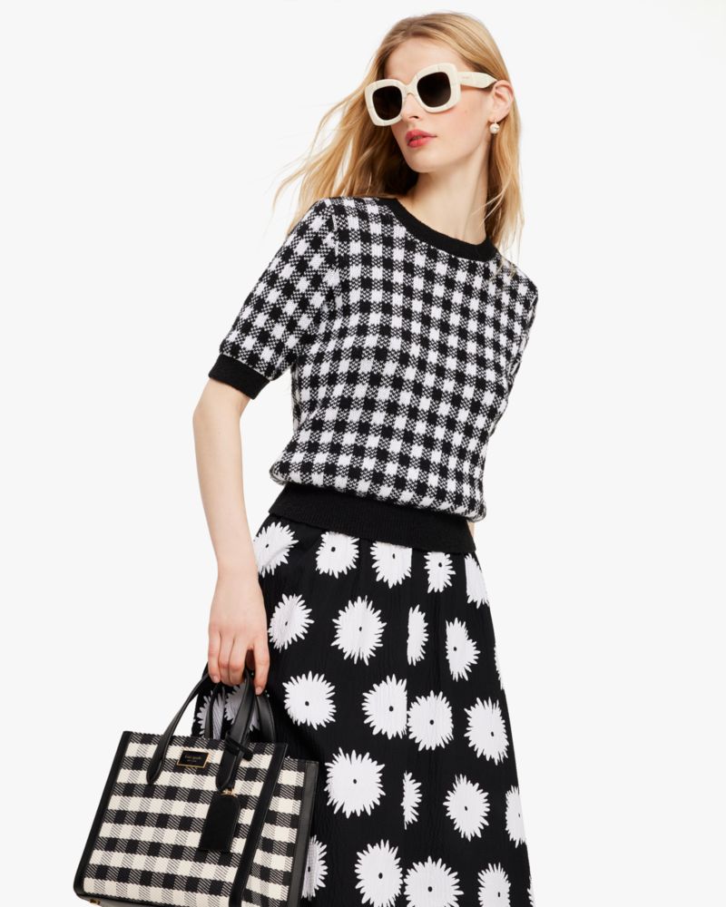 Kate Spade,Texture Gingham Sweater,Black/Cream