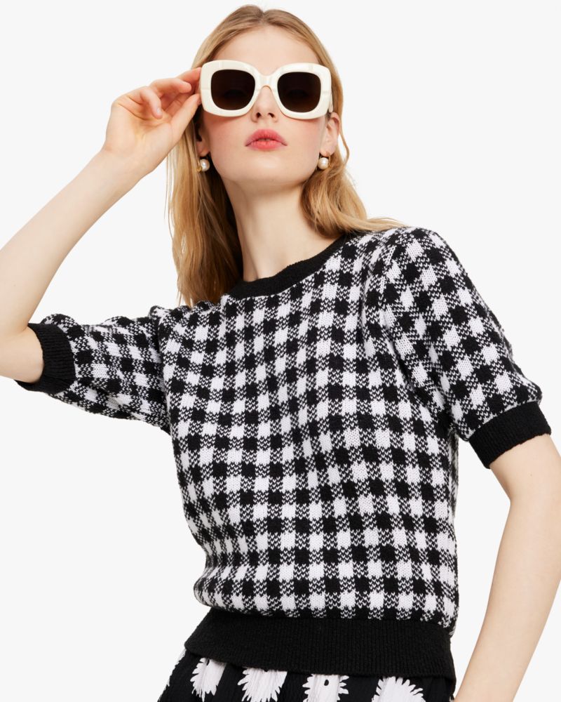 Kate Spade,Texture Gingham Sweater,Black/Cream