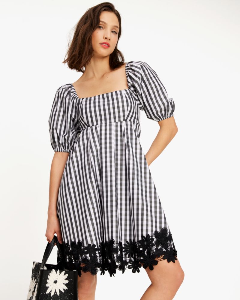 Kate Spade,Spring Gingham Puff Sleeve Dress,Black/Fresh White