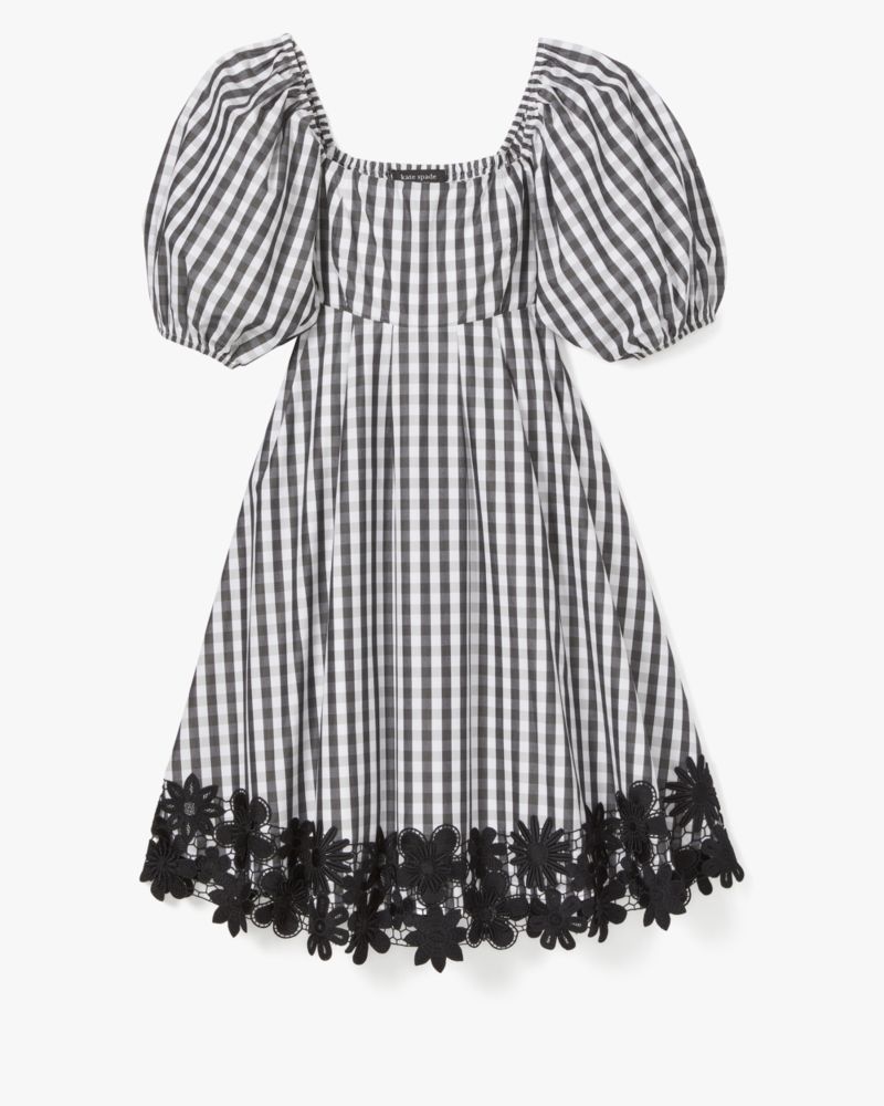 Kate Spade,Spring Gingham Puff Sleeve Dress,Black/Fresh White