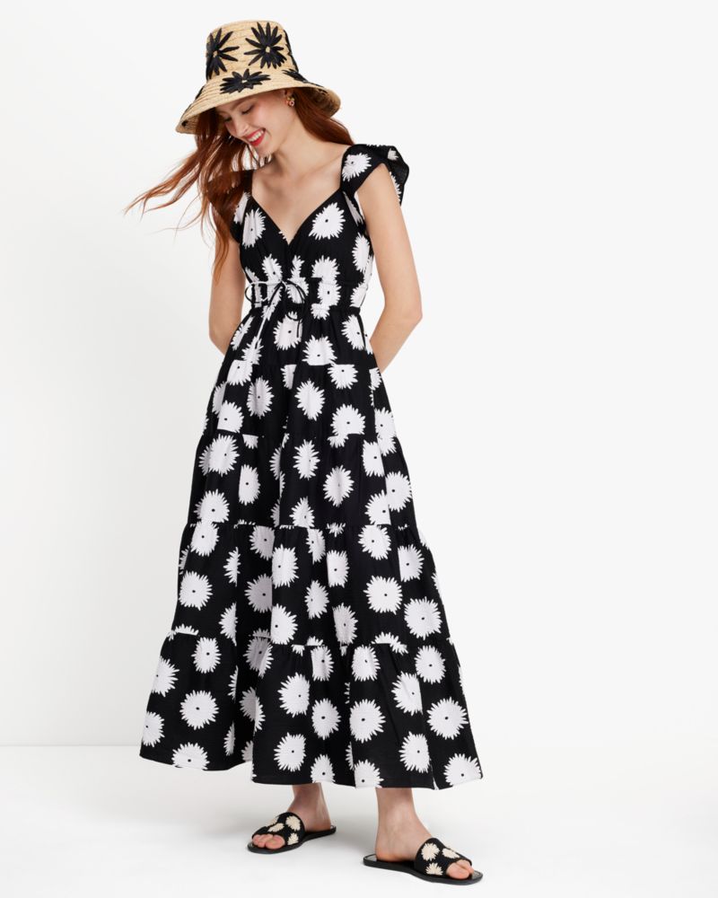 Kate Spade,Pom Pom Floral Smocked Dress,Spandex,Lining Cotton,Cotton,Tiered,Maxi,A-Line,Drawstring,Day Party,Black