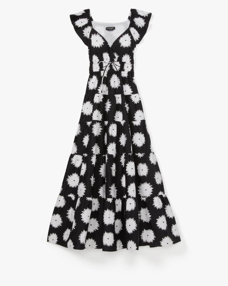 Kate Spade,Pom pom Floral Smocked Dress,Black/Cream