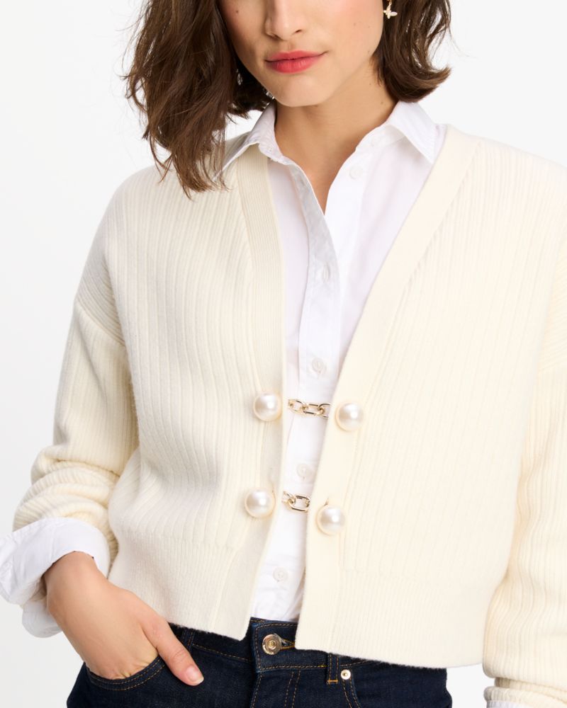 Kate Spade,Ribbed Pearl Cardigan,Cream