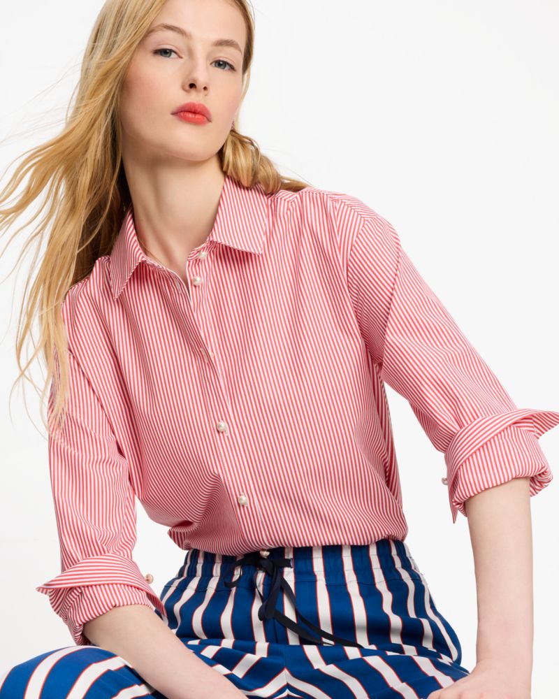 Kate Spade,Festive Stripe Shirt,Cotton,Button Down,Pearl,Button,Work,Red