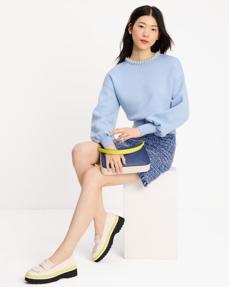 Kate Spade,Pearl Collar Sweater,Mesh,Wool Blend,Sweater,Pullover,Pearl,Casual,Blue