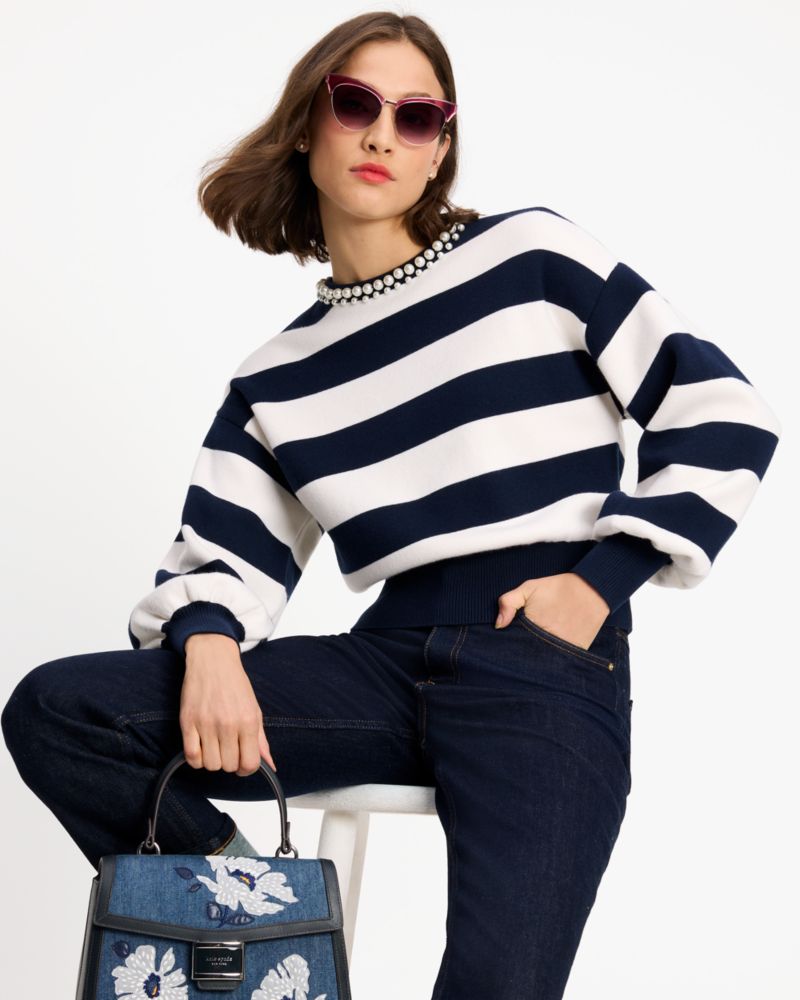 Kate Spade,Awning Stripe Pearl Sweater,French Navy