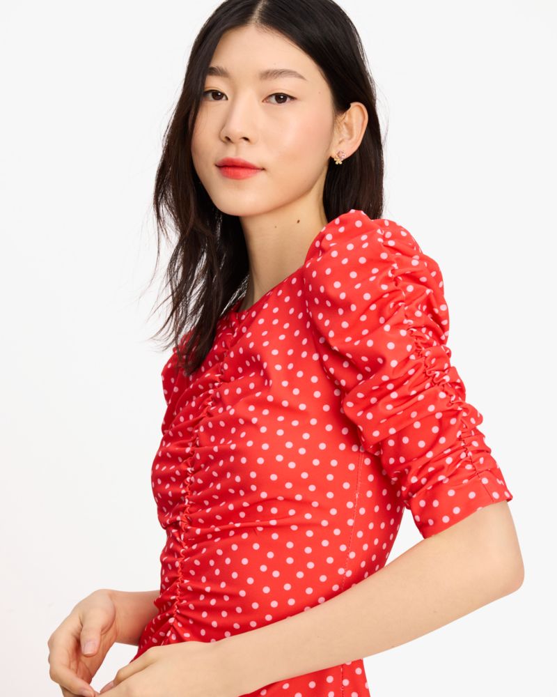 Kate Spade,Spring Time Dot Ruched Dress,Polyester,Spandex,Lining Polyester,A-Line,Ruched,Day Party,Red