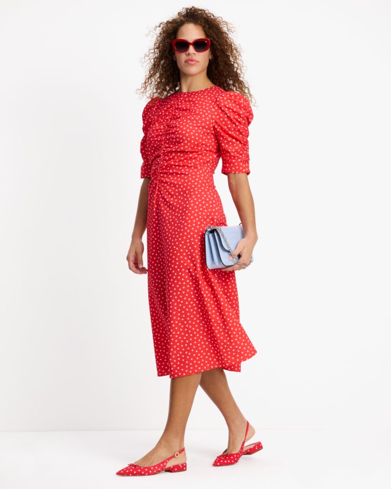 Kate Spade,Spring Time Dot Ruched Dress,Polyester,A-Line,Fit & Flare,Ruched,Lined,Day Party,Red