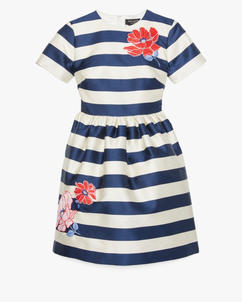 Kate Spade,Floral Stripe Dress,Spandex,Polyester,Lining Polyester,Polyamide,Fit & Flare,Pearl,Ruched,Embroidered,Day Party,Multi Color