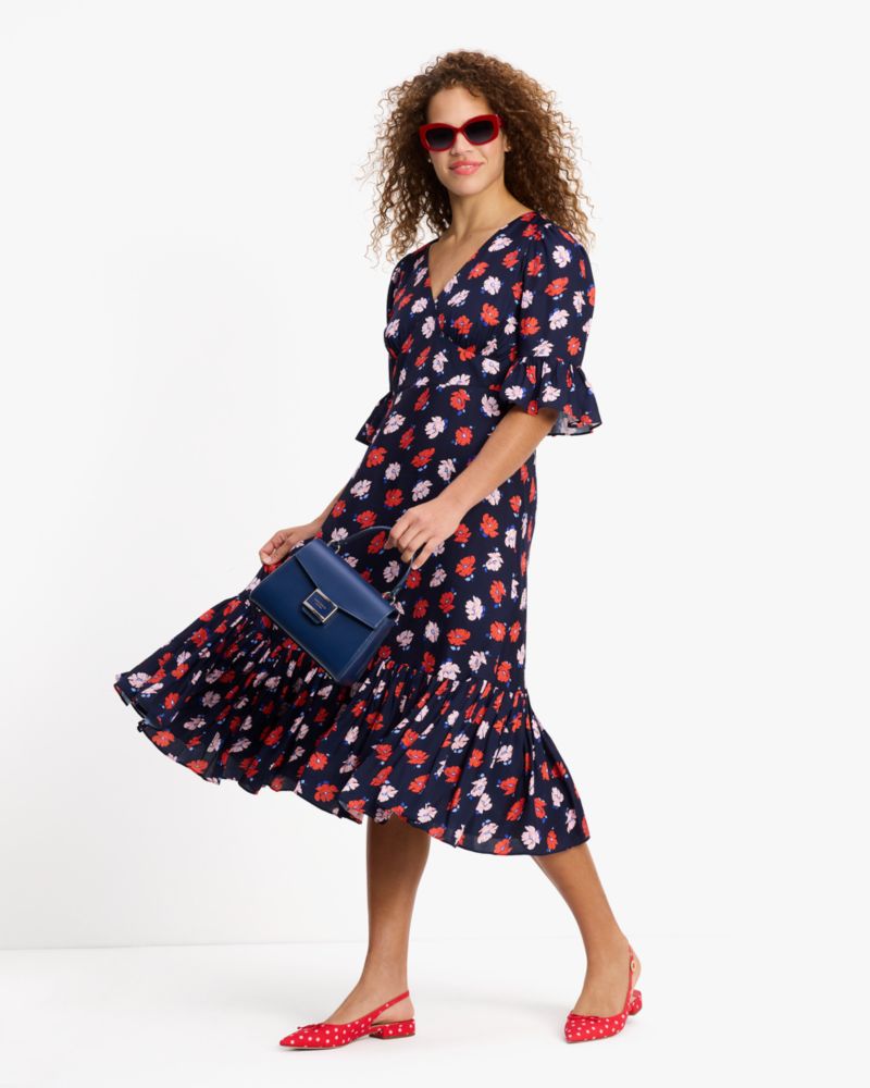 Kate Spade,Dotty Floral Flounce Dress,Lining Polyester,Viscose,Twill,Silk,A-Line,Ruched,Ruffles,Day Party,Navy