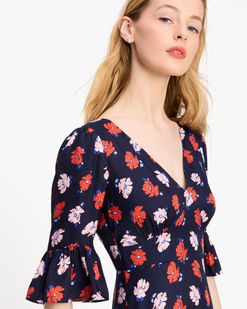 Kate Spade,Dotty Floral Flounce Dress,Lining Polyester,Viscose,Twill,Silk,A-Line,Ruched,Ruffles,Day Party,Navy