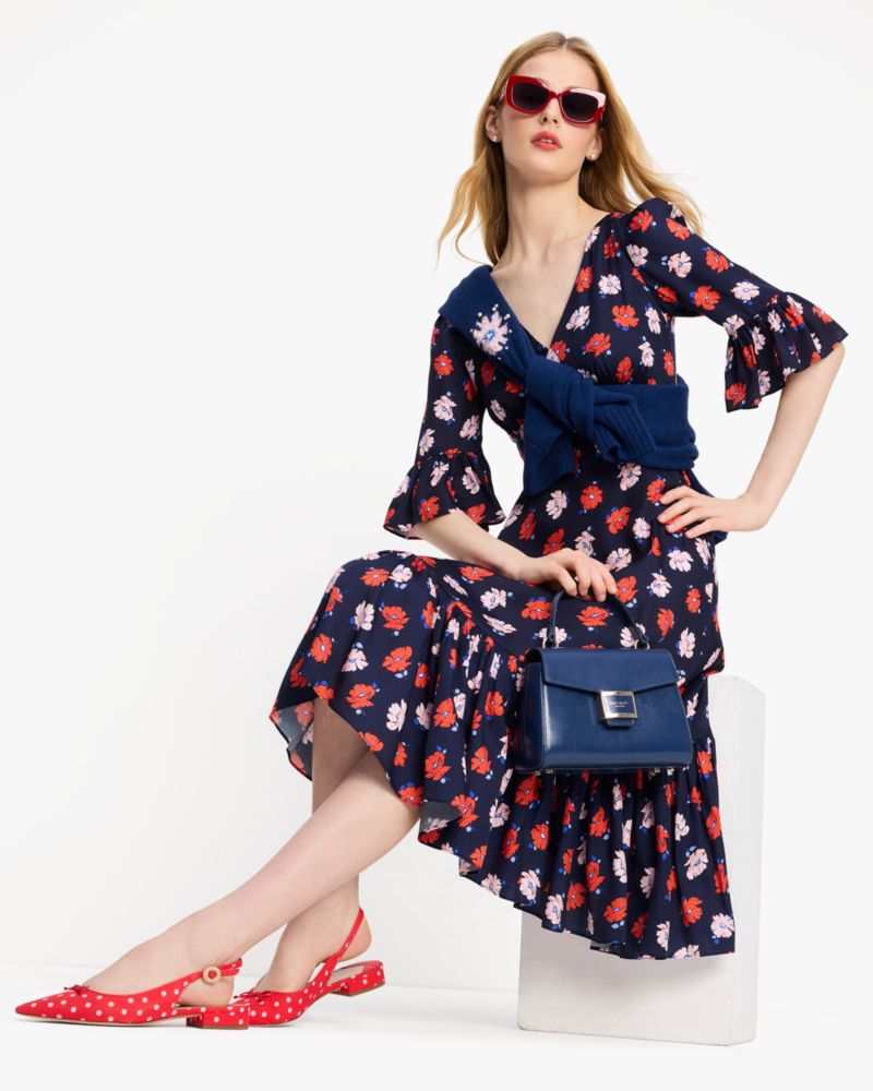 Kate Spade,Dotty Floral Flounce Dress,Silk,Fit & Flare,A-Line,Ruffles,Day Party,Navy