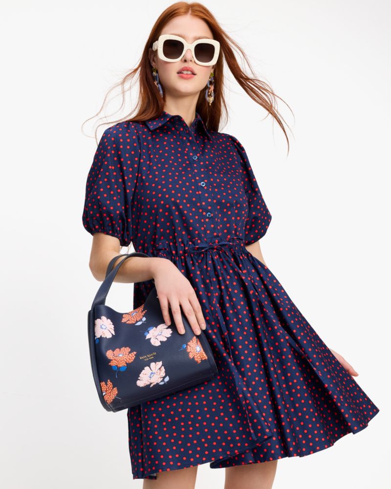 Kate Spade,Spring Time Dot Millie Dress,Lining Cotton,Spandex,Cotton,Fit & Flare,Shirt Dress,Drawstring,Ruched,Day Party,Navy