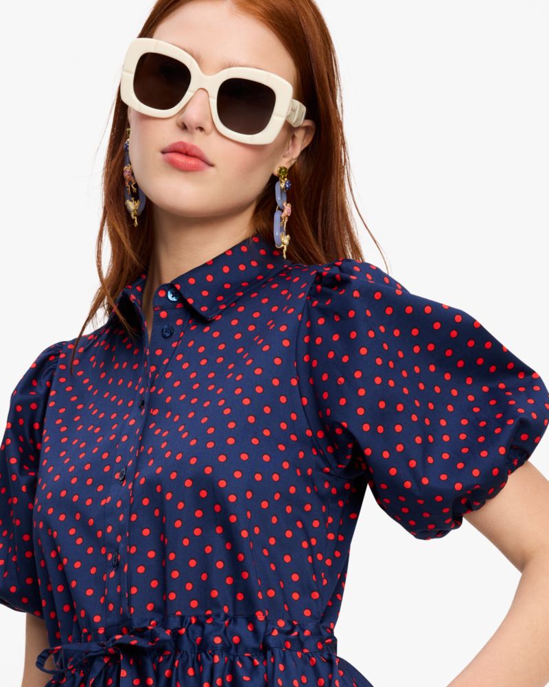 Kate Spade,Spring Time Dot Millie Dress,Lining Cotton,Spandex,Cotton,Fit & Flare,Shirt Dress,Drawstring,Ruched,Day Party,Navy