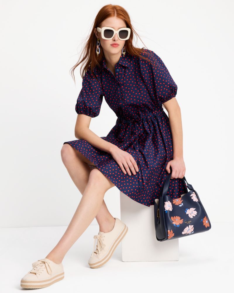 Kate Spade,Spring Time Dot Millie Dress,Lining Cotton,Spandex,Cotton,Fit & Flare,Shirt Dress,Drawstring,Ruched,Day Party,Multi Color