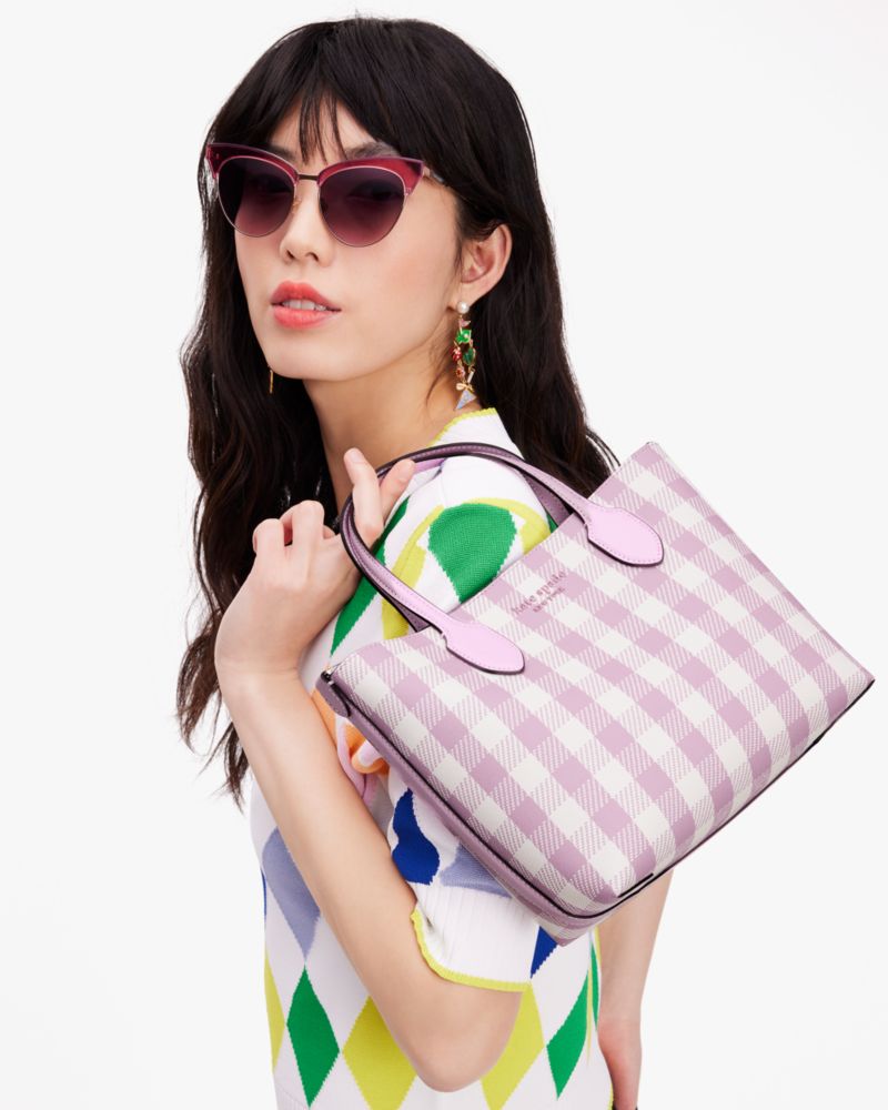 Kate Spade,Bleecker Gingham Medium Crossbody Tote,Berry Cream Multi